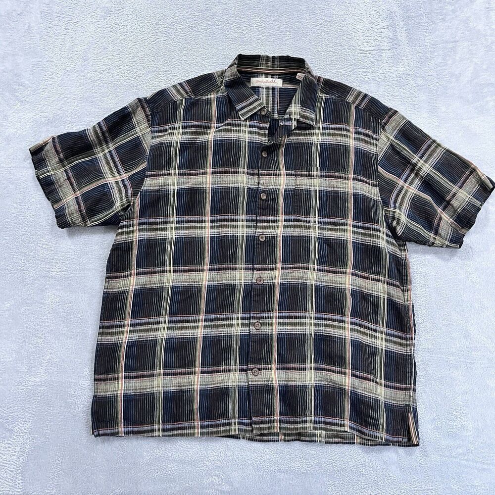 Tommy Bahama Black and Cream Plaid Casual Button Down Shirt